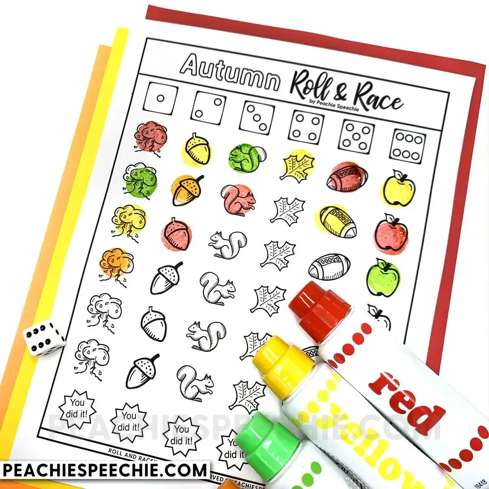Fall Autumn Roll and Race - Open Ended Dice Game - Materials - peachiespeechie.com
