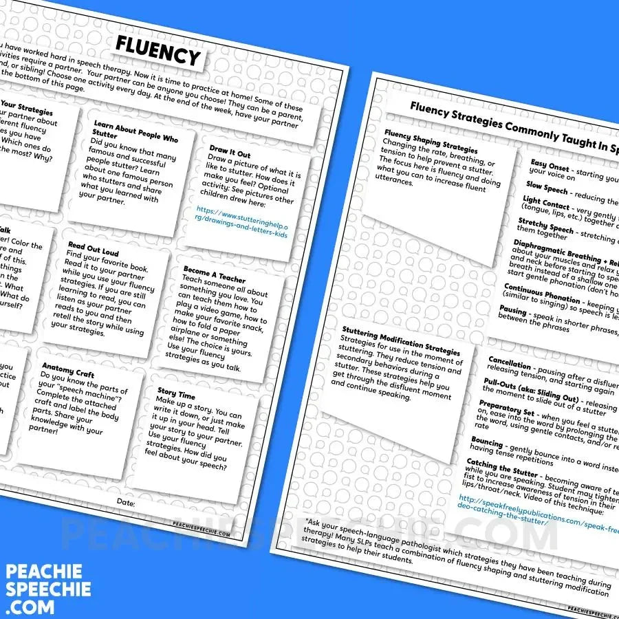Fluency Therapy Home Practice (for Stuttering) - Materials peachiespeechie.com