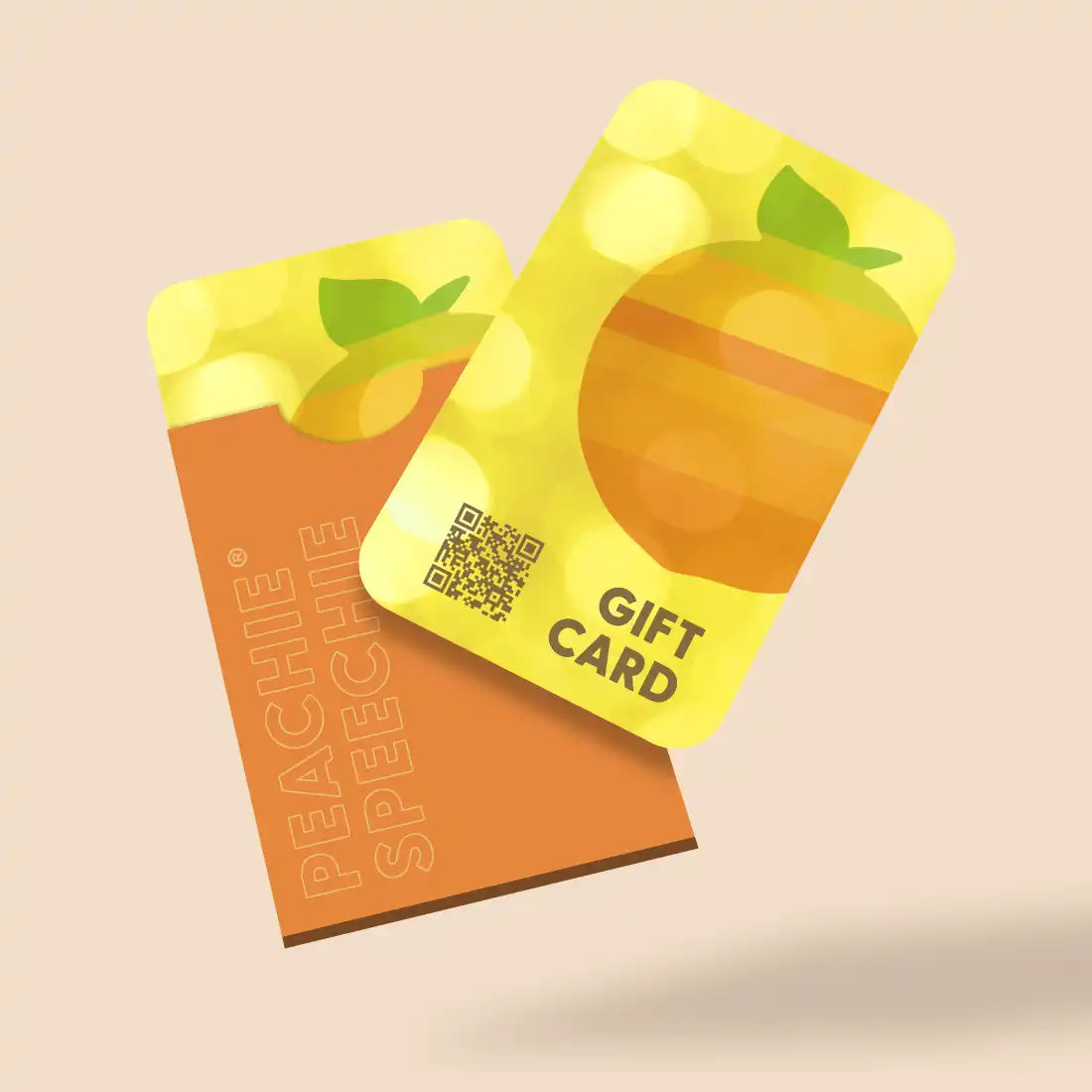 Gift card with an orange or peach fruit design and QR code.