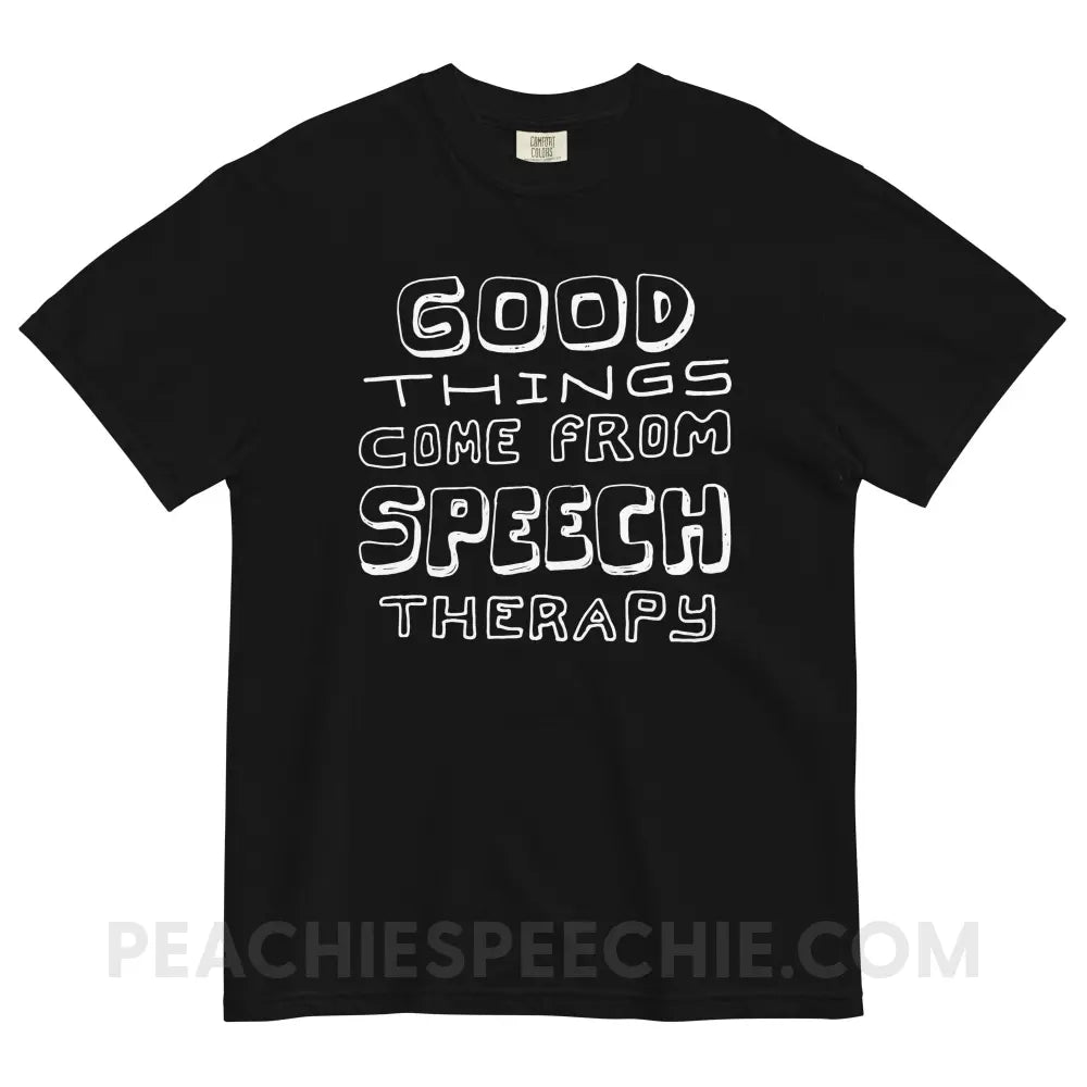 Good Things Come From Speech Therapy Comfort Colors Tee - Black / S - peachiespeechie.com