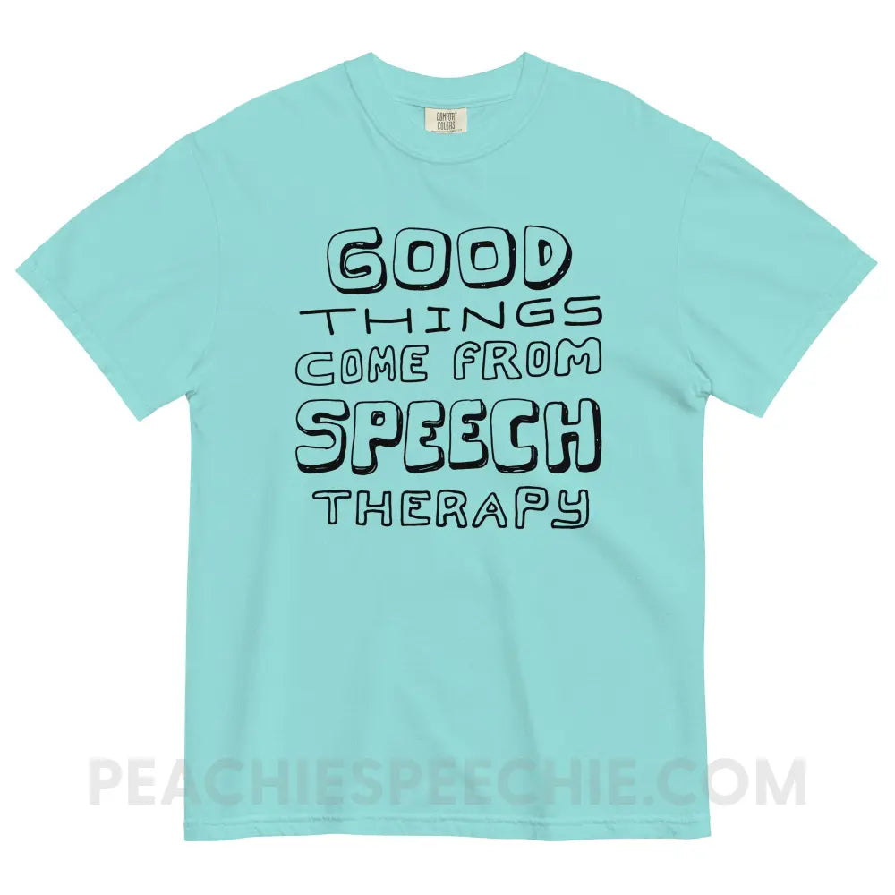 Good Things Come From Speech Therapy Comfort Colors Tee - Lagoon Blue / S - peachiespeechie.com