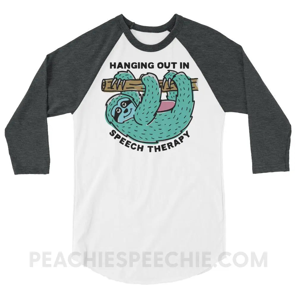 Hanging Out In Speech Sloth Baseball Tee - White/Heather Charcoal / XS T-Shirts & Tops peachiespeechie.com