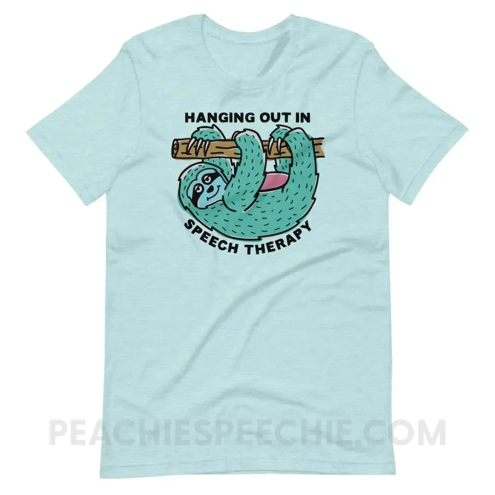 Hanging Out In Speech Sloth Premium Soft Tee - Heather Prism Ice Blue / XS - T-Shirts & Tops peachiespeechie.com