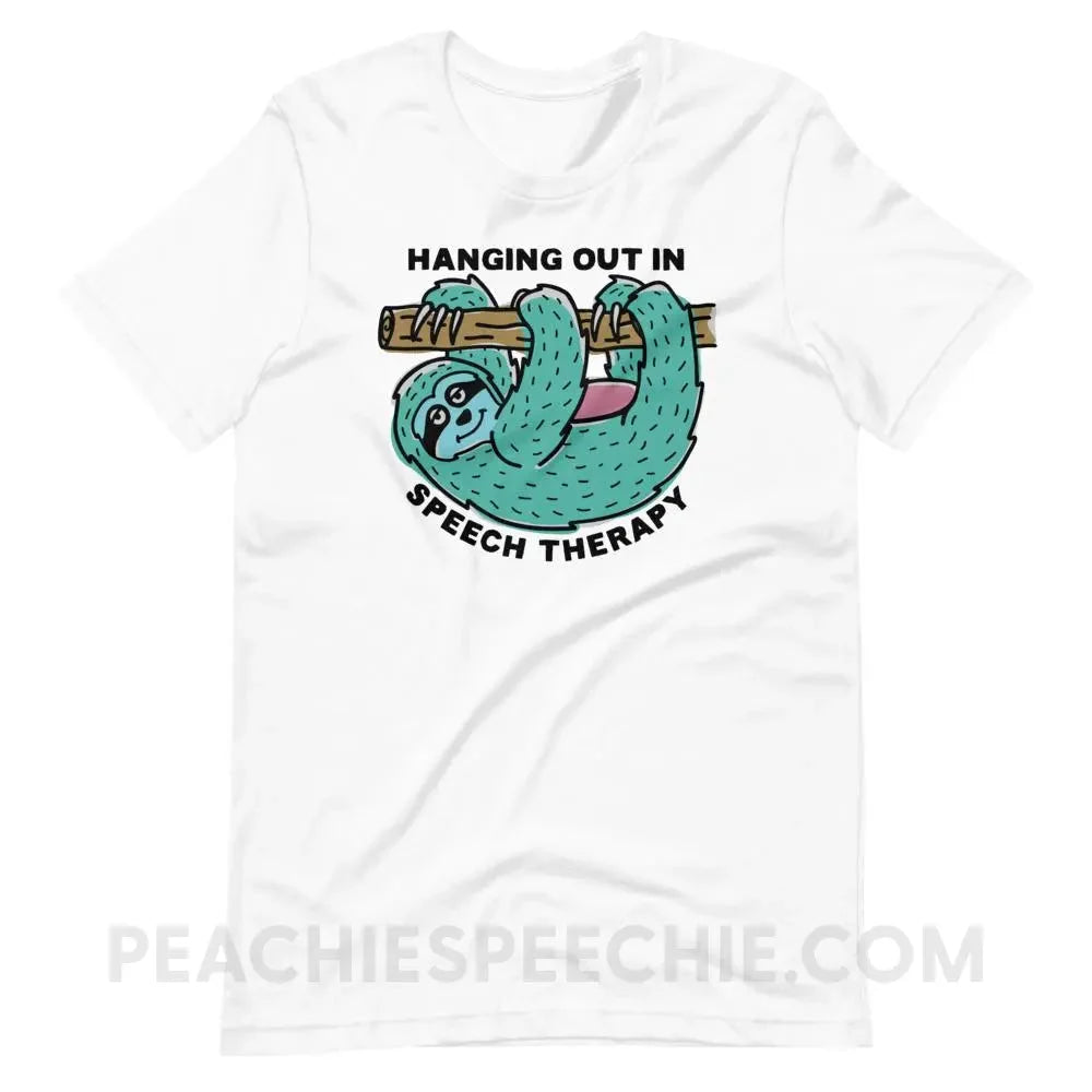 Hanging Out In Speech Sloth Premium Soft Tee - White / XS - T-Shirts & Tops peachiespeechie.com