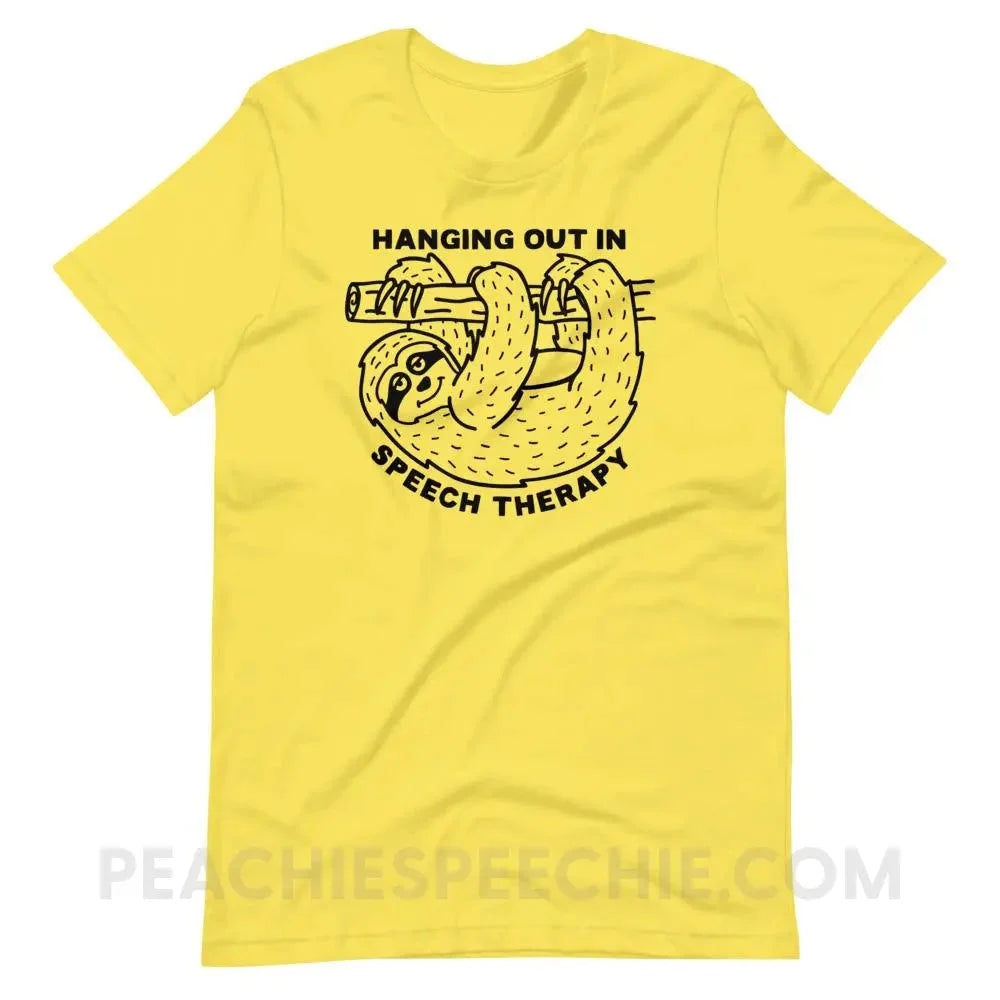 Hanging Out In Speech Sloth Premium Soft Tee - Yellow / S - T-Shirts & Tops peachiespeechie.com