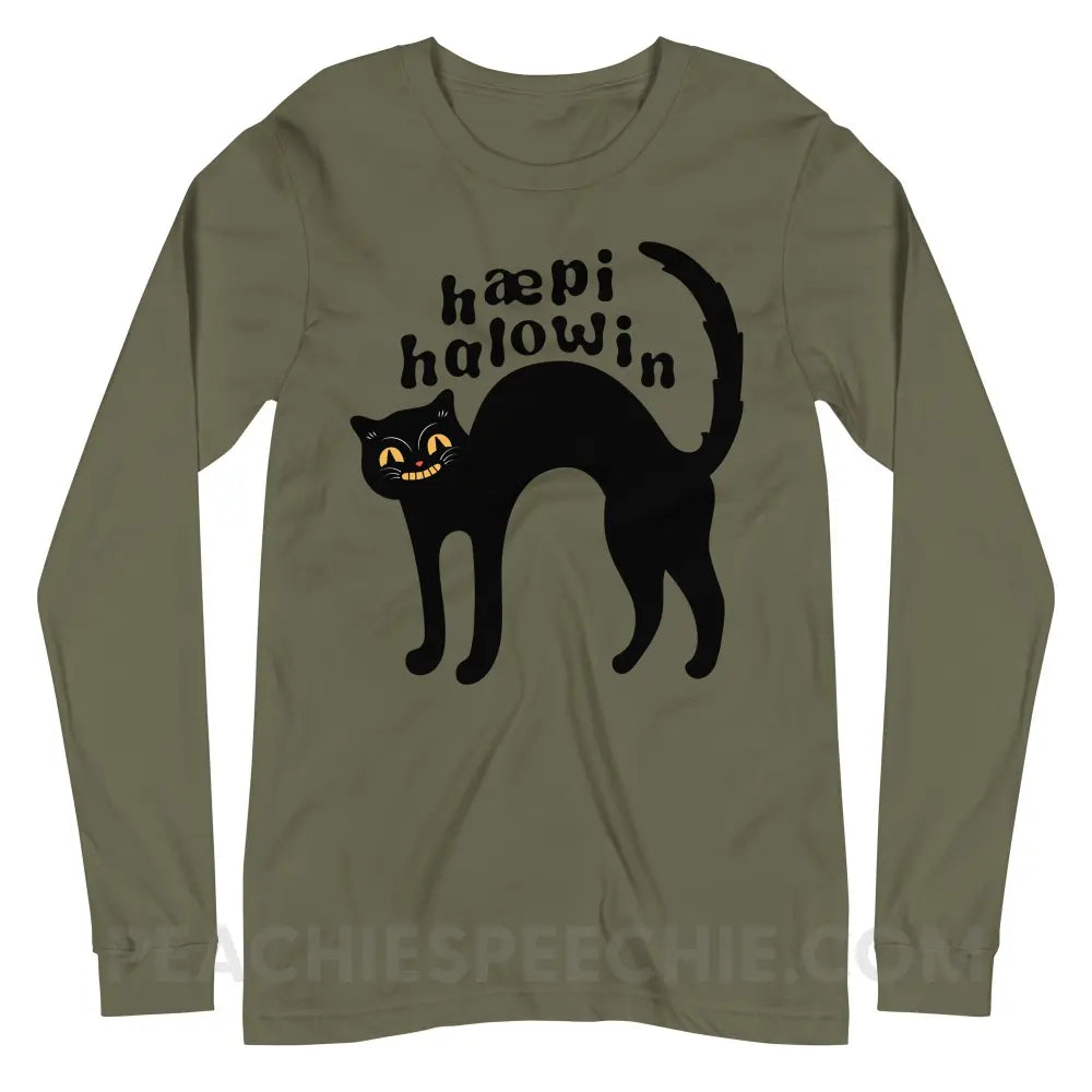 Happy Halloween IPA Black Cat Premium Long Sleeve - Military Green / XS - peachiespeechie.com