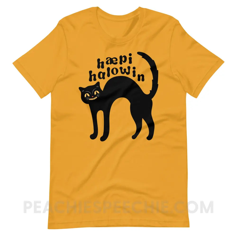 Happy Halloween IPA Black Cat Premium Soft Tee - Mustard / XS - peachiespeechie.com