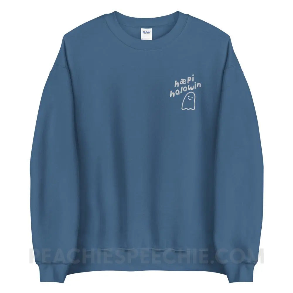Happy Halloween Ghost IPA Embroidered Sweatshirt - Indigo Blue / S - peachiespeechie.com