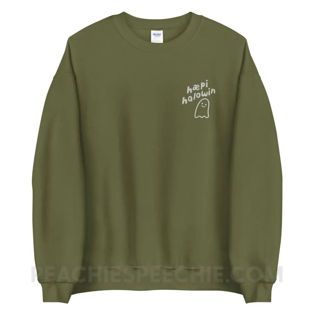 Happy Halloween Ghost IPA Embroidered Sweatshirt - Military Green / S - peachiespeechie.com