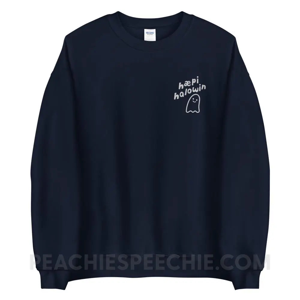 Happy Halloween Ghost IPA Embroidered Sweatshirt - Navy / S - peachiespeechie.com