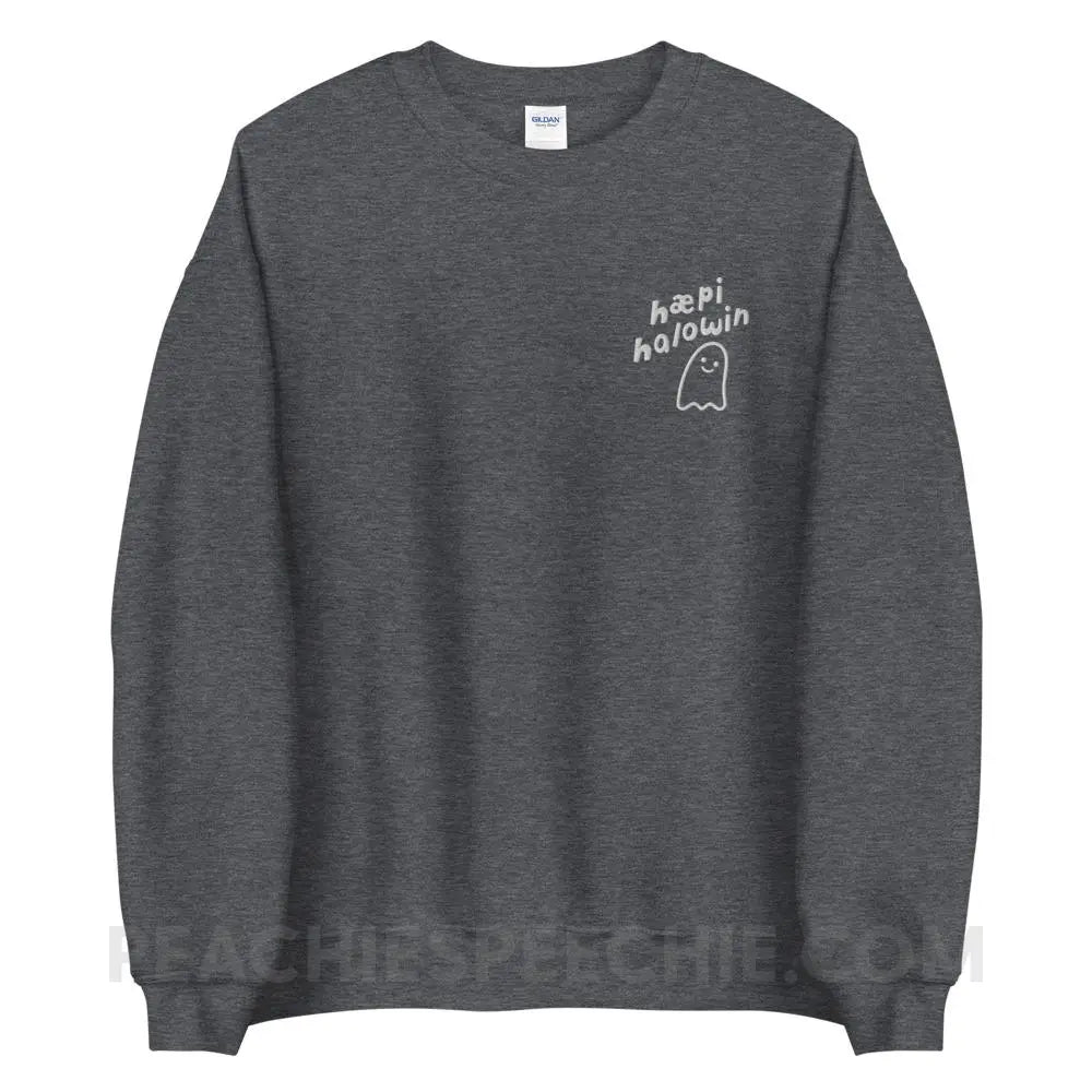 Happy Halloween Ghost IPA Embroidered Sweatshirt - Dark Heather / S - peachiespeechie.com