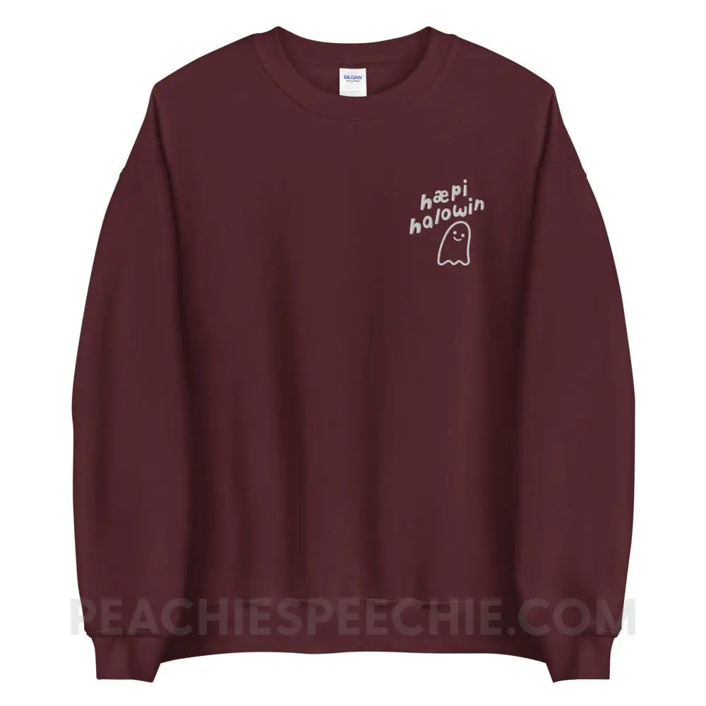 Happy Halloween Ghost IPA Embroidered Sweatshirt - Maroon / S - peachiespeechie.com