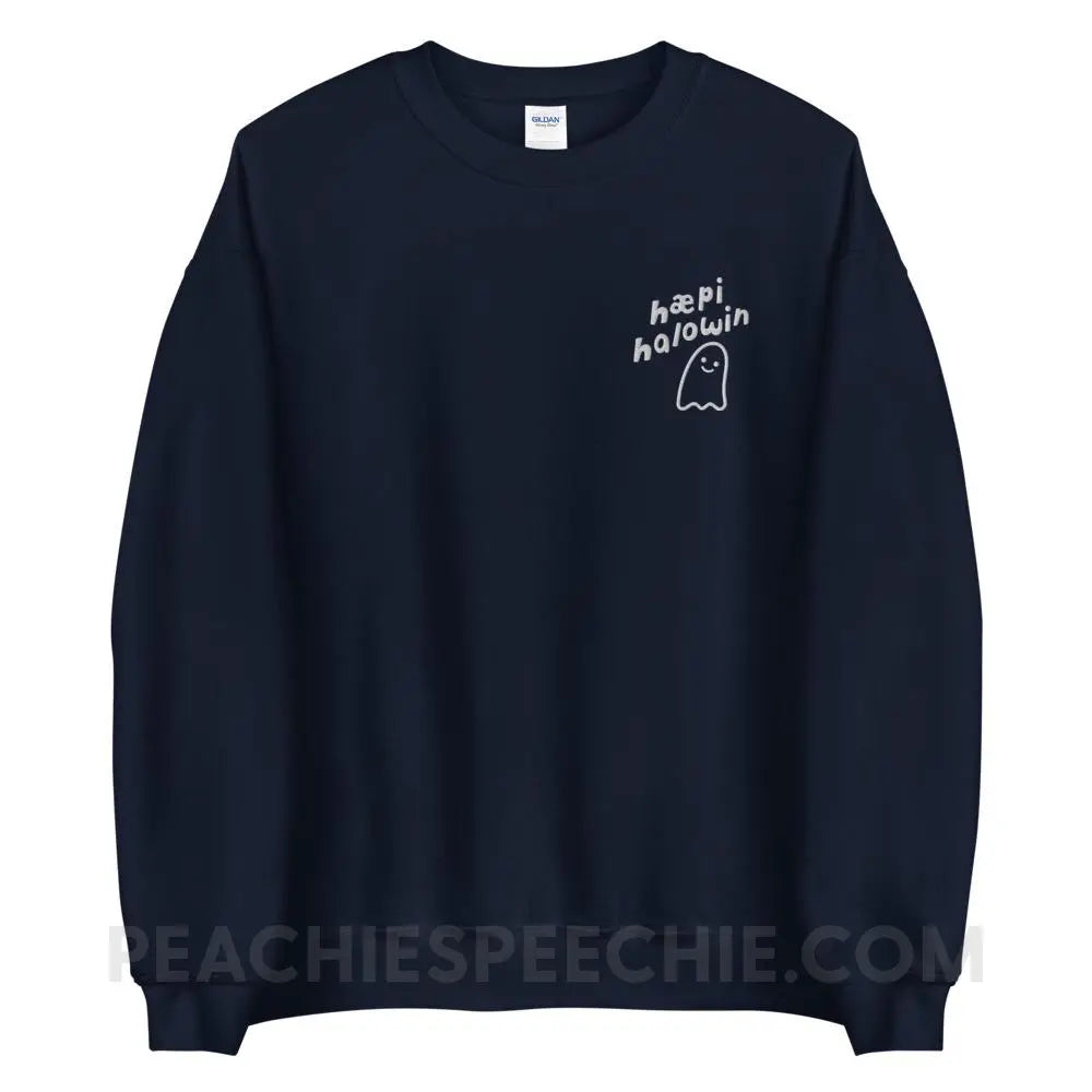 Happy Halloween Ghost IPA Embroidered Sweatshirt - Navy / S - peachiespeechie.com