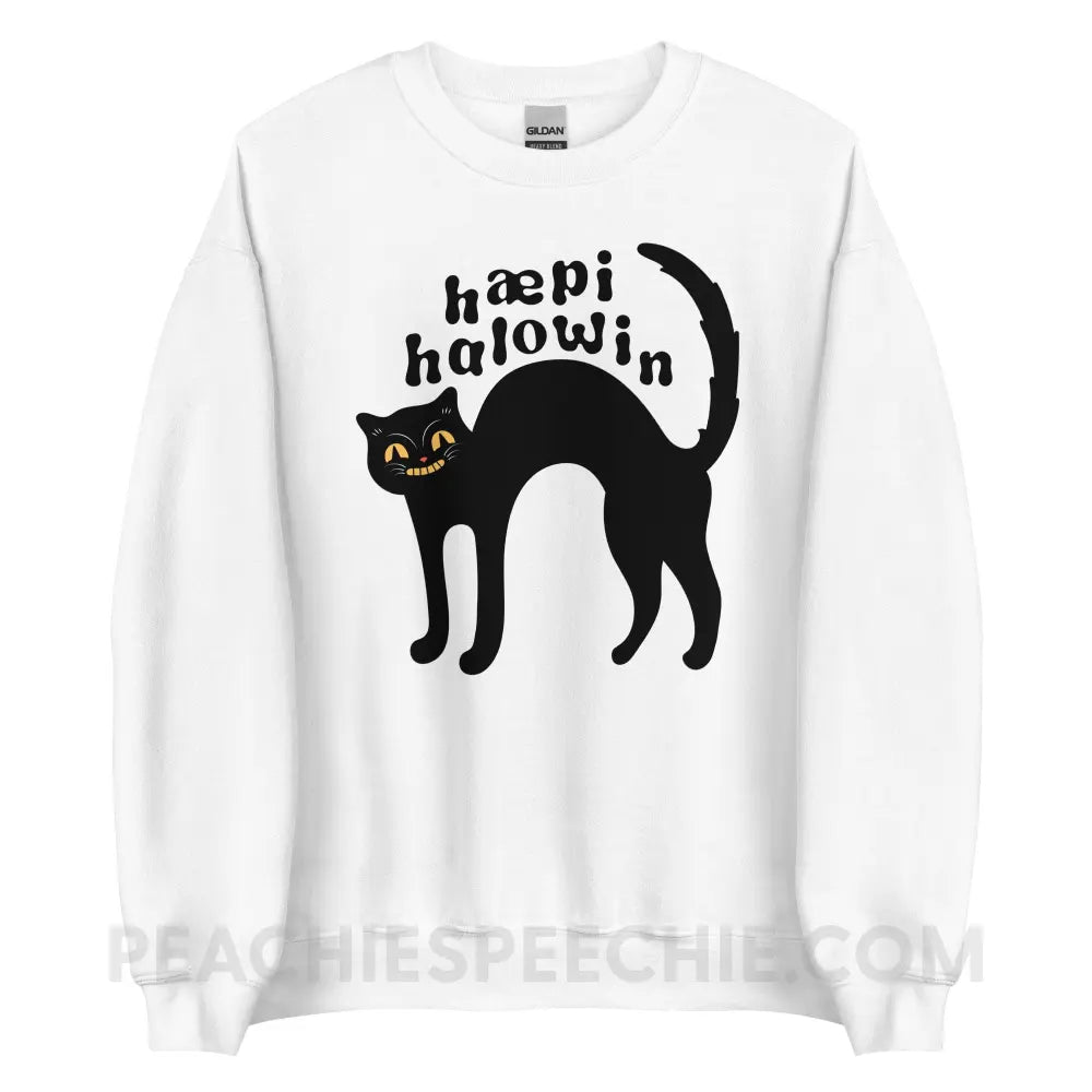 Happy Halloween IPA Black Cat Classic Sweatshirt - White / S - peachiespeechie.com