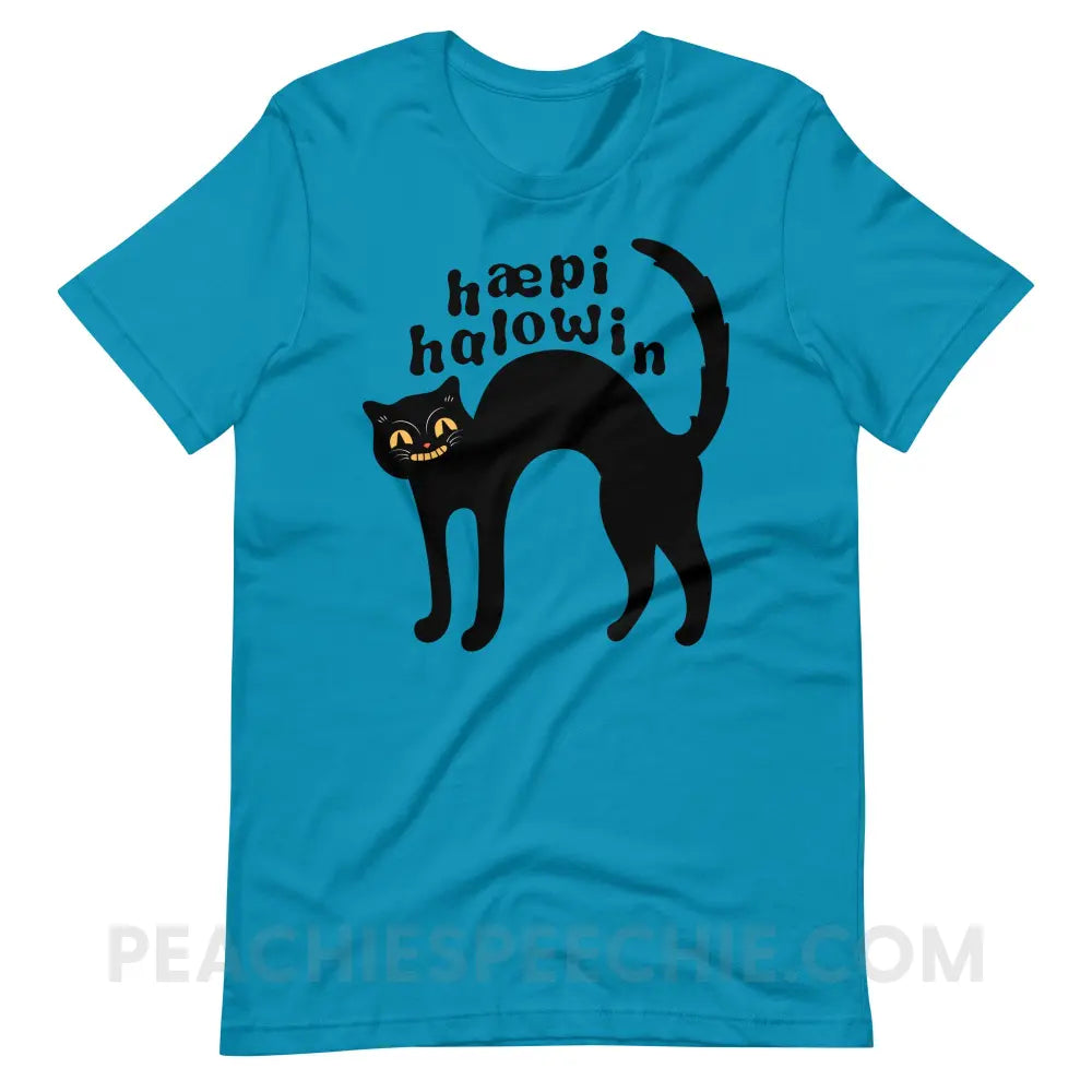 Happy Halloween IPA Black Cat Premium Soft Tee - Aqua / S - peachiespeechie.com