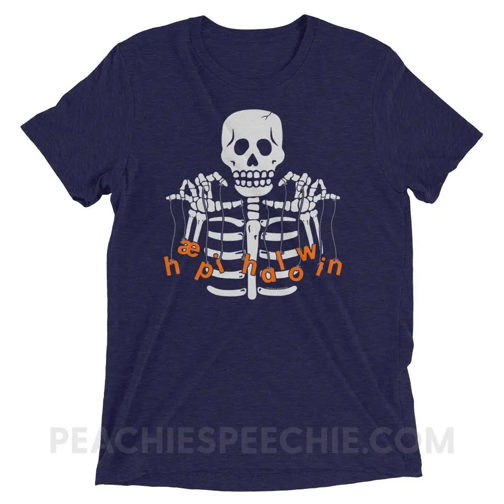 Happy Halloween Skeleton Tri-Blend Tee - Navy Triblend / XS - T-Shirts & Tops peachiespeechie.com