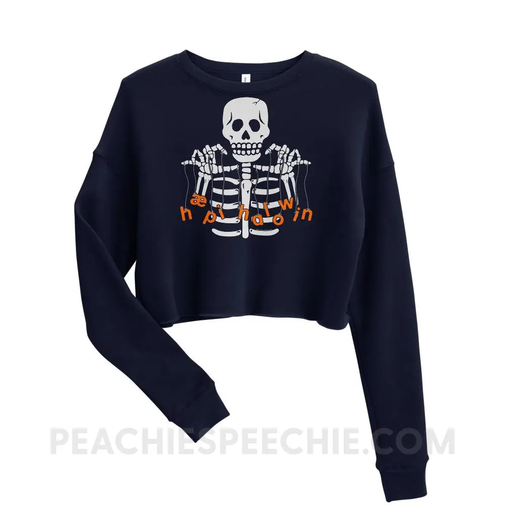 Happy Halloween Skeleton Soft Crop Sweatshirt - Navy / S - Hoodies & Sweatshirts peachiespeechie.com