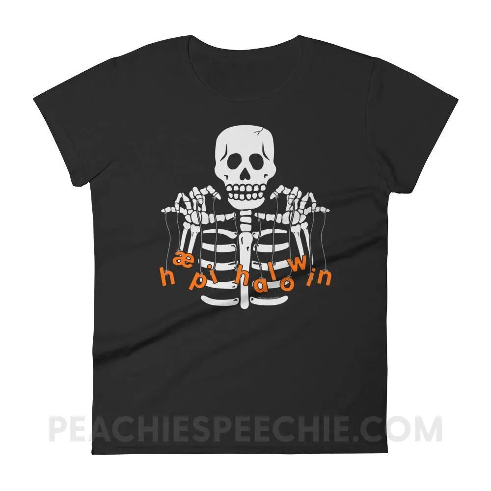 Happy Halloween Skeleton Women’s Trendy Tee - Black / S - T-Shirts & Tops peachiespeechie.com