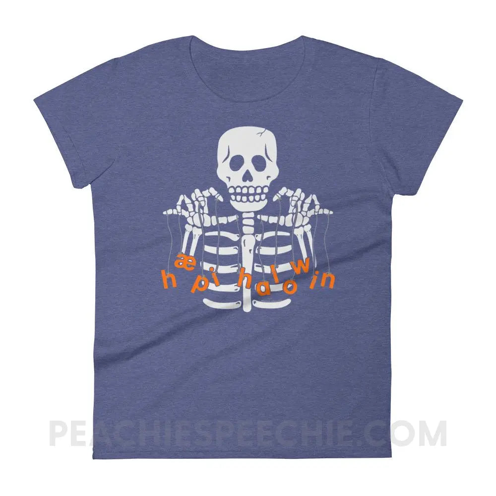 Happy Halloween Skeleton Women’s Trendy Tee - Heather Blue / S - T-Shirts & Tops peachiespeechie.com