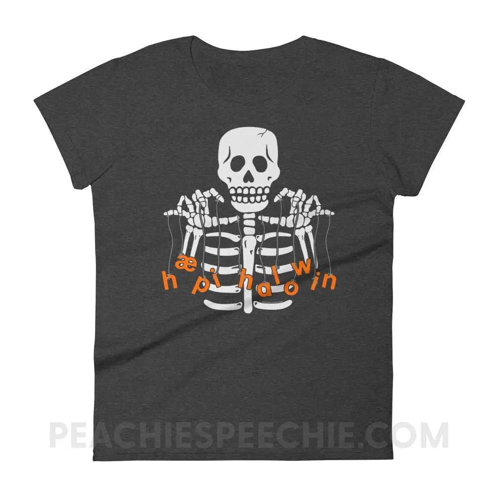Happy Halloween Skeleton Women’s Trendy Tee - Heather Dark Grey / S - T-Shirts & Tops peachiespeechie.com