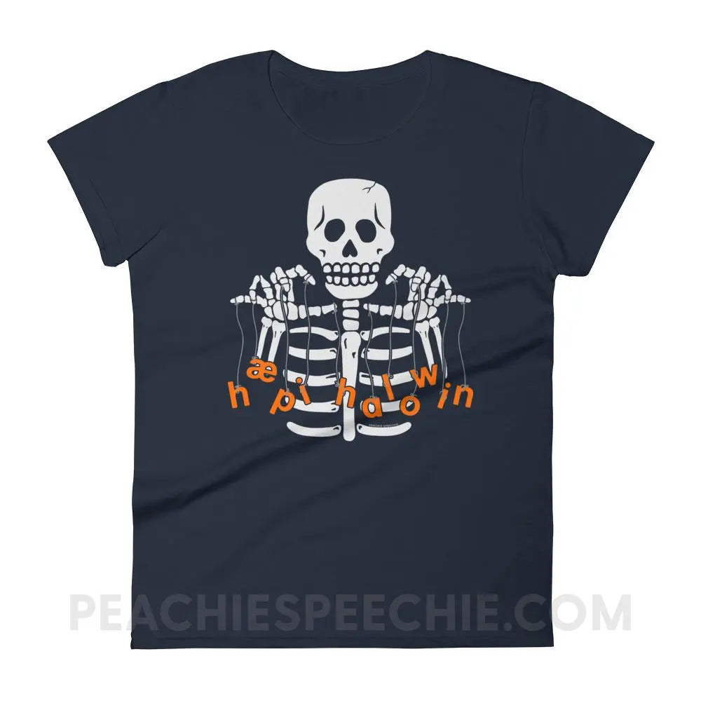 Happy Halloween Skeleton Women’s Trendy Tee - Navy / S - T-Shirts & Tops peachiespeechie.com