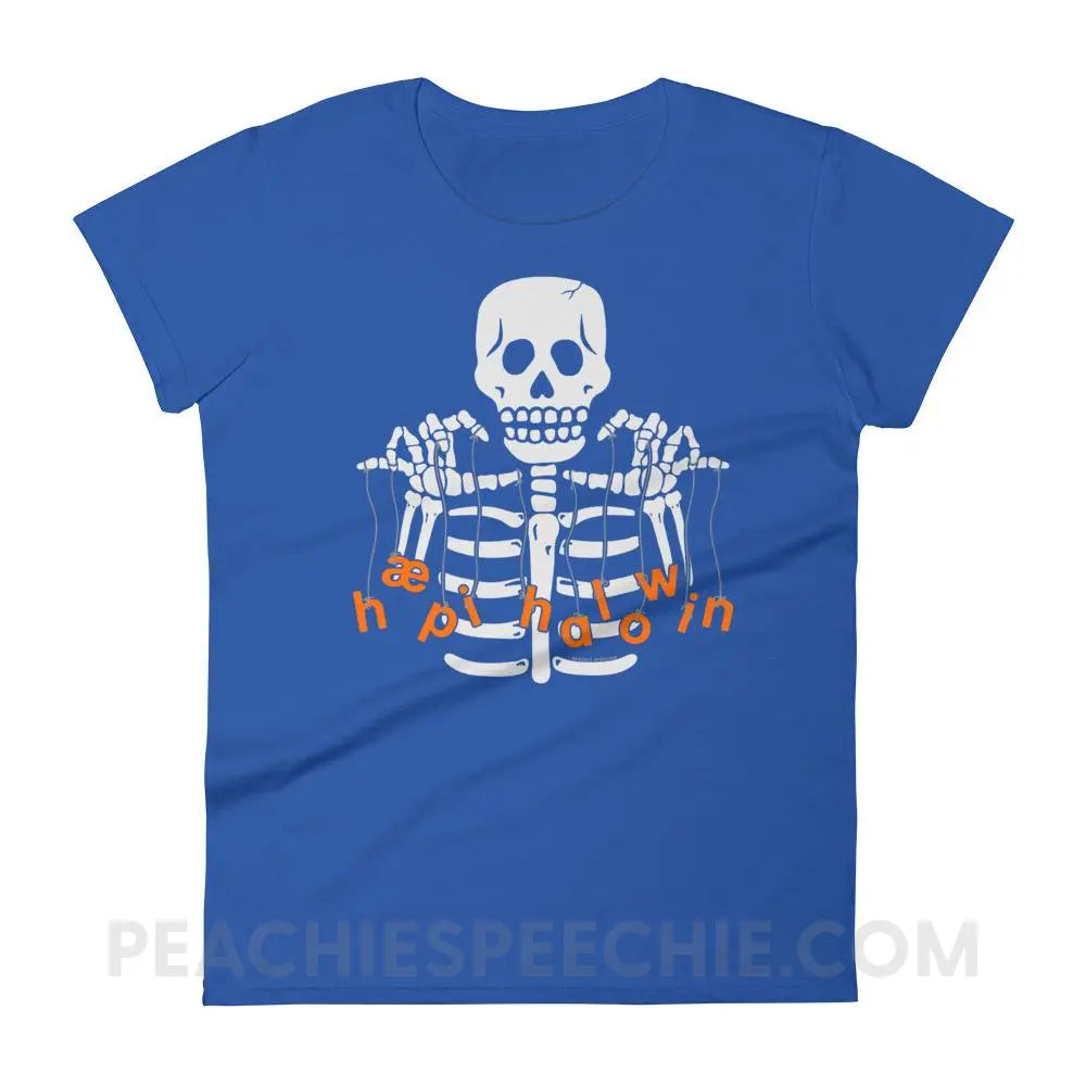 Happy Halloween Skeleton Women’s Trendy Tee - Royal Blue / S - T-Shirts & Tops peachiespeechie.com