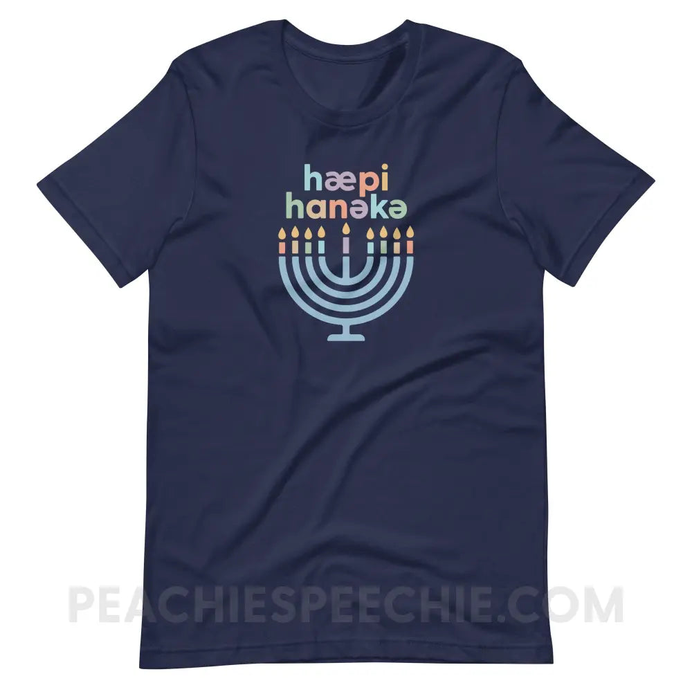 Happy Hanukkah IPA Menorah Premium Soft Tee - Navy / XS - peachiespeechie.com