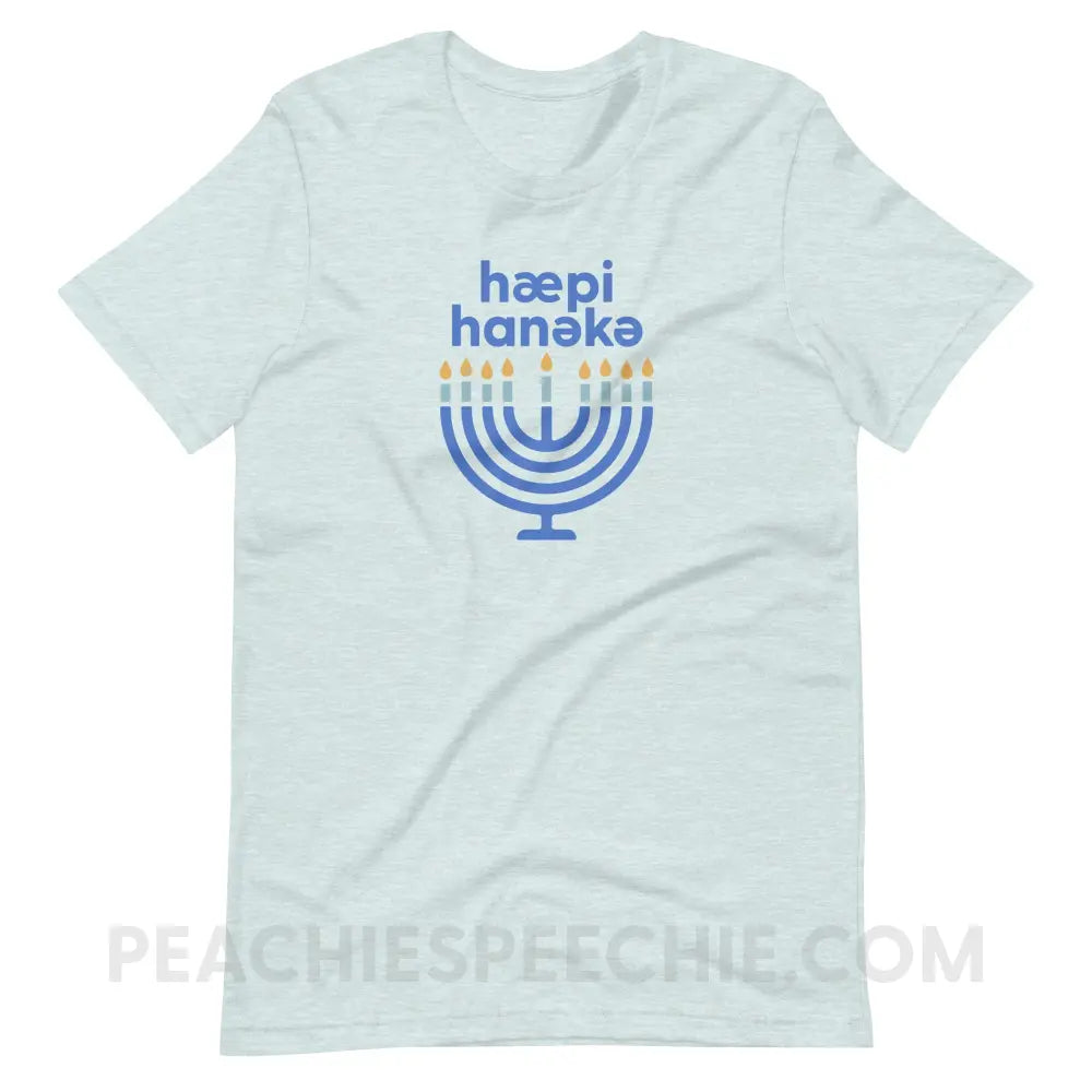 Happy Hanukkah IPA Menorah Premium Soft Tee - Heather Prism Ice Blue / XS - peachiespeechie.com