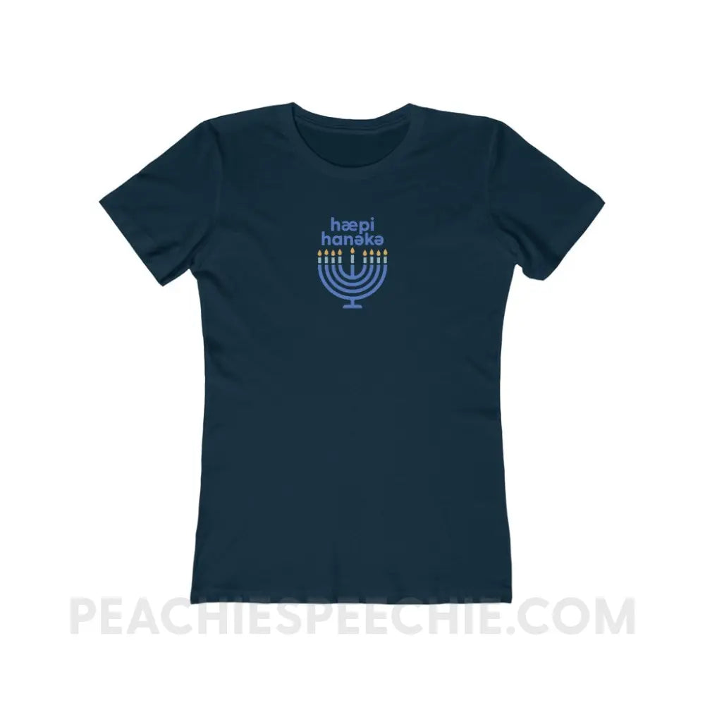 Happy Hanukkah IPA Menorah Women’s Fitted Tee - Solid Midnight Navy / S - T-Shirt peachiespeechie.com