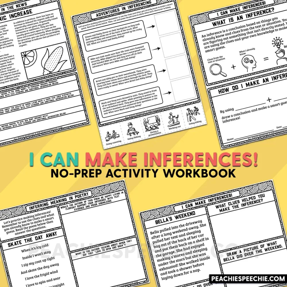 I Can Make Inferences Using Text Evidence: No-Prep Workbook - Materials peachiespeechie.com