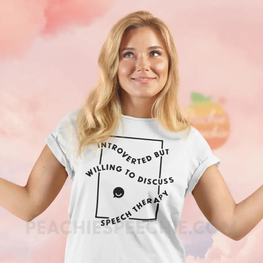 Introverted But Willing To Discuss Speech Therapy Premium Soft Tee - White / S - T-Shirt peachiespeechie.com