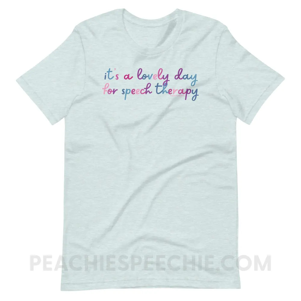 It’s A Lovely Day For Speech Therapy Premium Soft Tee - Heather Prism Ice Blue / S - T-Shirt peachiespeechie.com