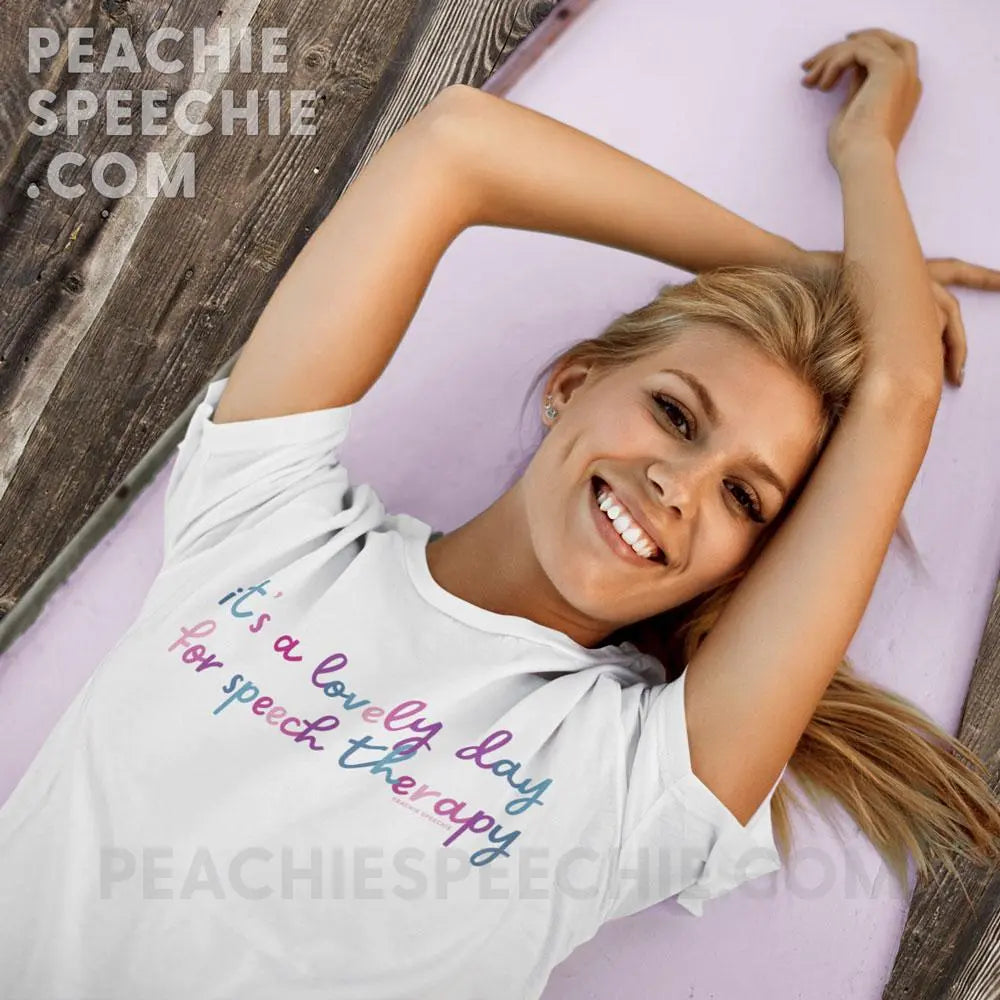It’s A Lovely Day For Speech Therapy Premium Soft Tee - White / S - T-Shirt peachiespeechie.com