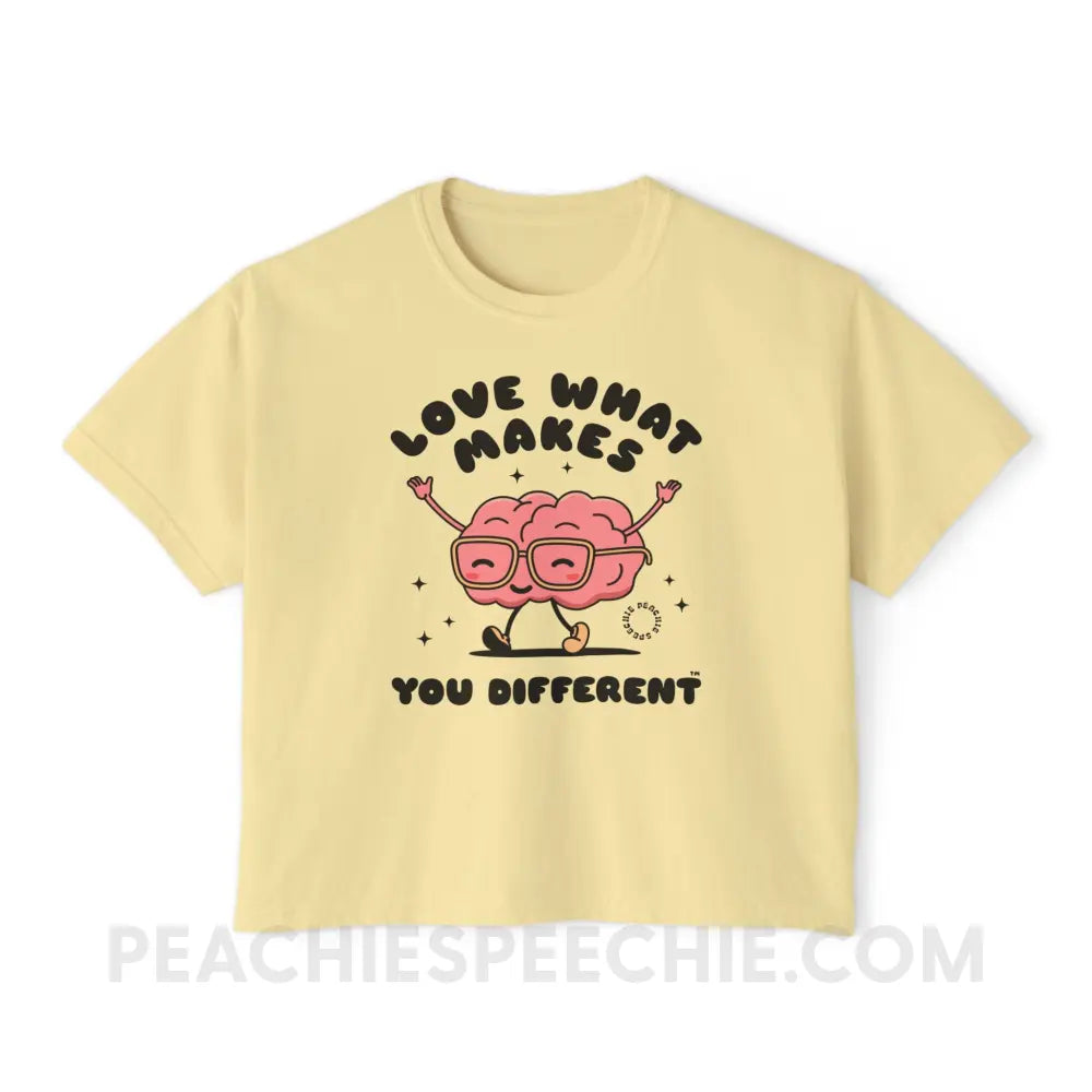 Love What Makes You Different Brain Character Comfort Colors Boxy Tee - Butter / S - T-Shirt peachiespeechie.com