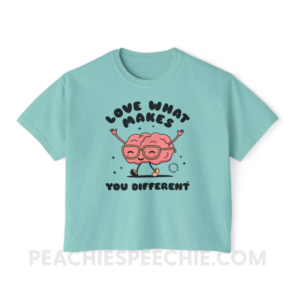 Love What Makes You Different Brain Character Comfort Colors Boxy Tee - Chalky Mint / S - T-Shirt peachiespeechie.com