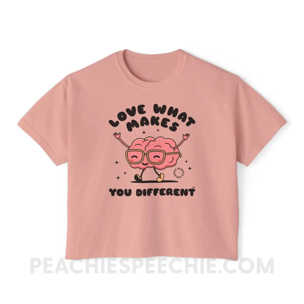 Love What Makes You Different Brain Character Comfort Colors Boxy Tee - Peachy / S - T-Shirt peachiespeechie.com