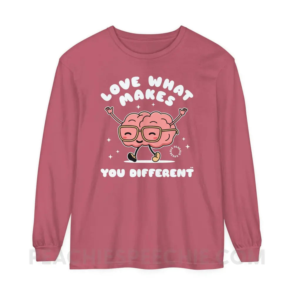 Love What Makes You Different™ Brain Character Comfort Colors Long Sleeve - Crimson / S - Long-sleeve peachiespeechie.com