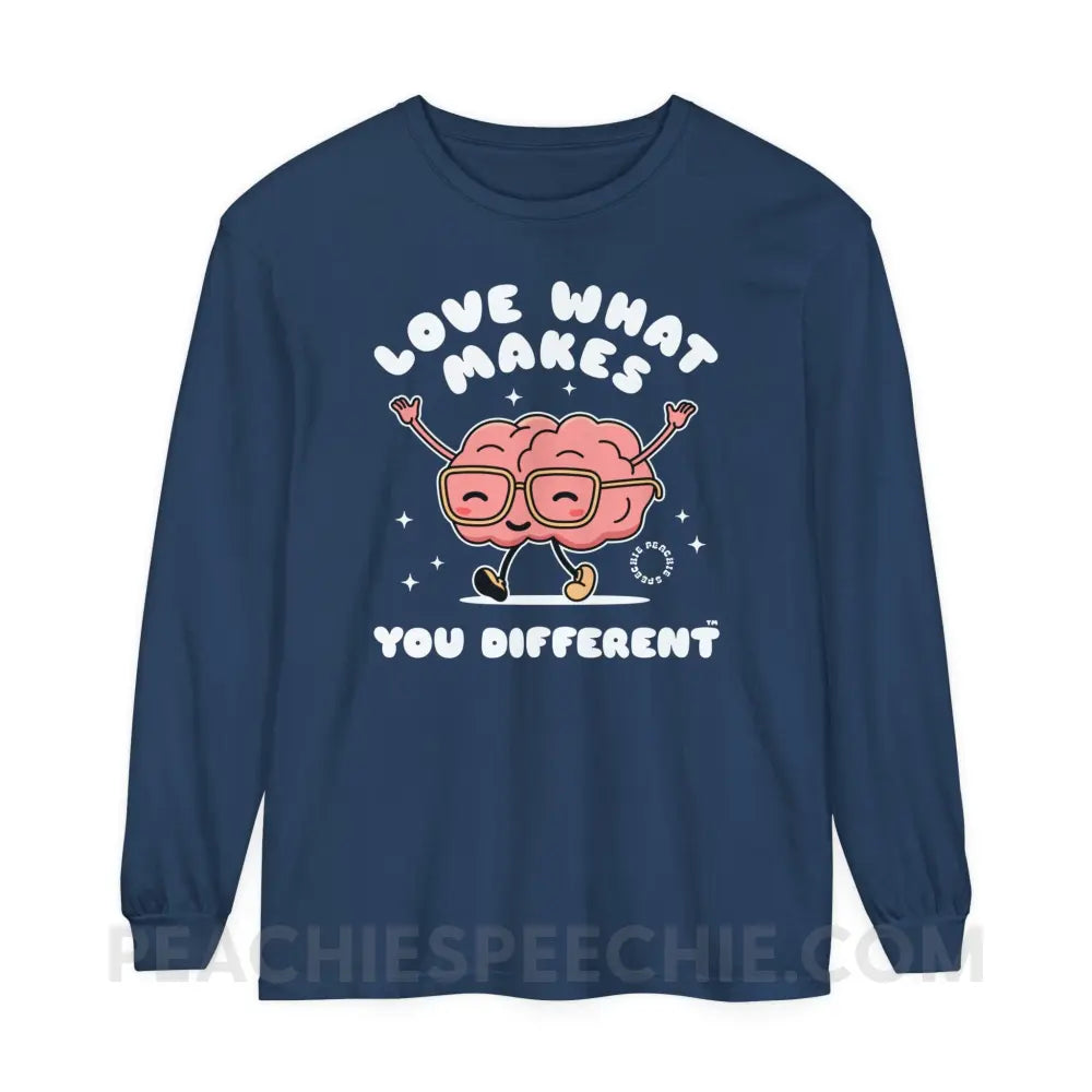 Love What Makes You Different™ Brain Character Comfort Colors Long Sleeve - Midnight / S - Long-sleeve peachiespeechie.com
