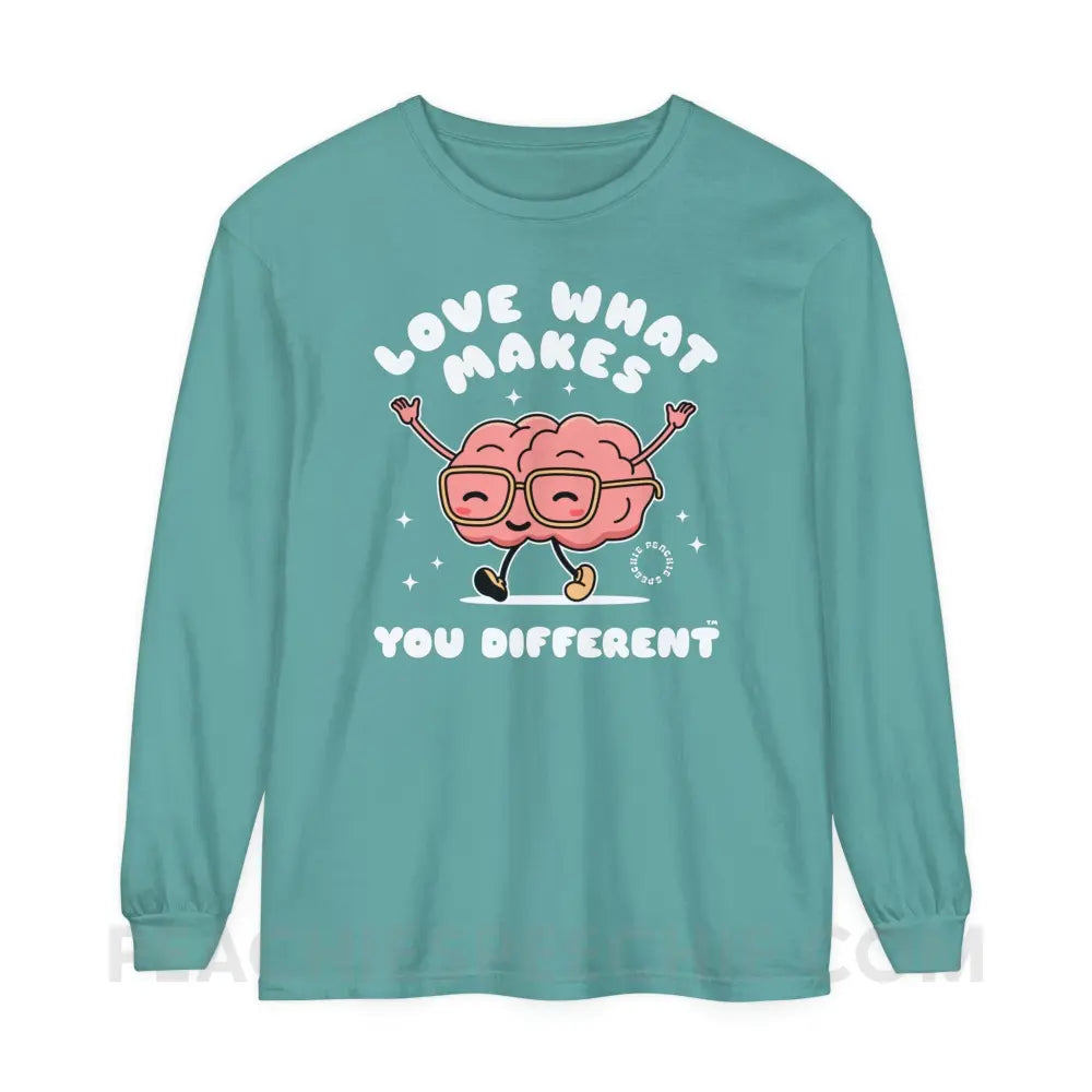 Love What Makes You Different™ Brain Character Comfort Colors Long Sleeve - Seafoam / S - Long-sleeve peachiespeechie.com