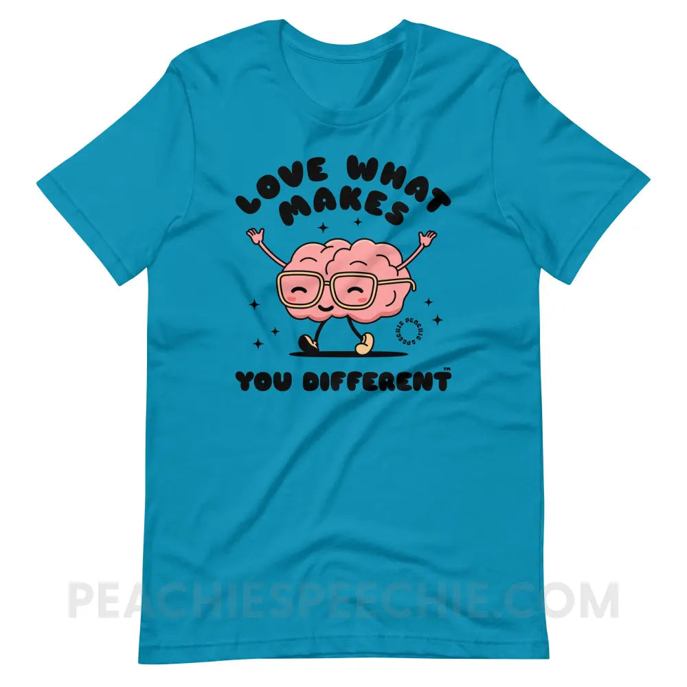 Love What Makes You Different™ Brain Character Premium Soft Tee - Aqua / S - T-Shirt peachiespeechie.com