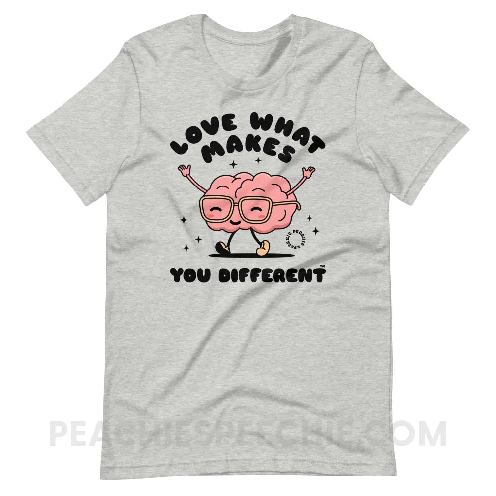 Love What Makes You Different™ Brain Character Premium Soft Tee - Athletic Heather / S - T-Shirt peachiespeechie.com