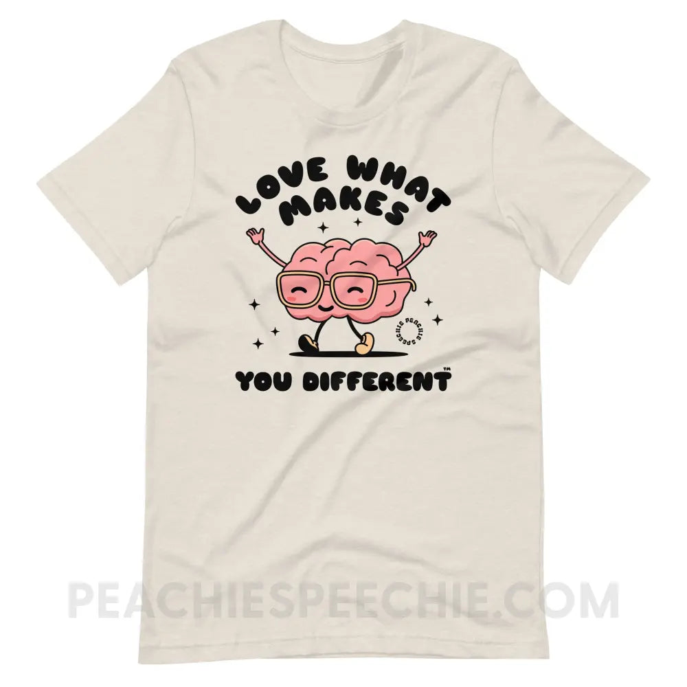 Love What Makes You Different™ Brain Character Premium Soft Tee - Heather Dust / M - T-Shirt peachiespeechie.com