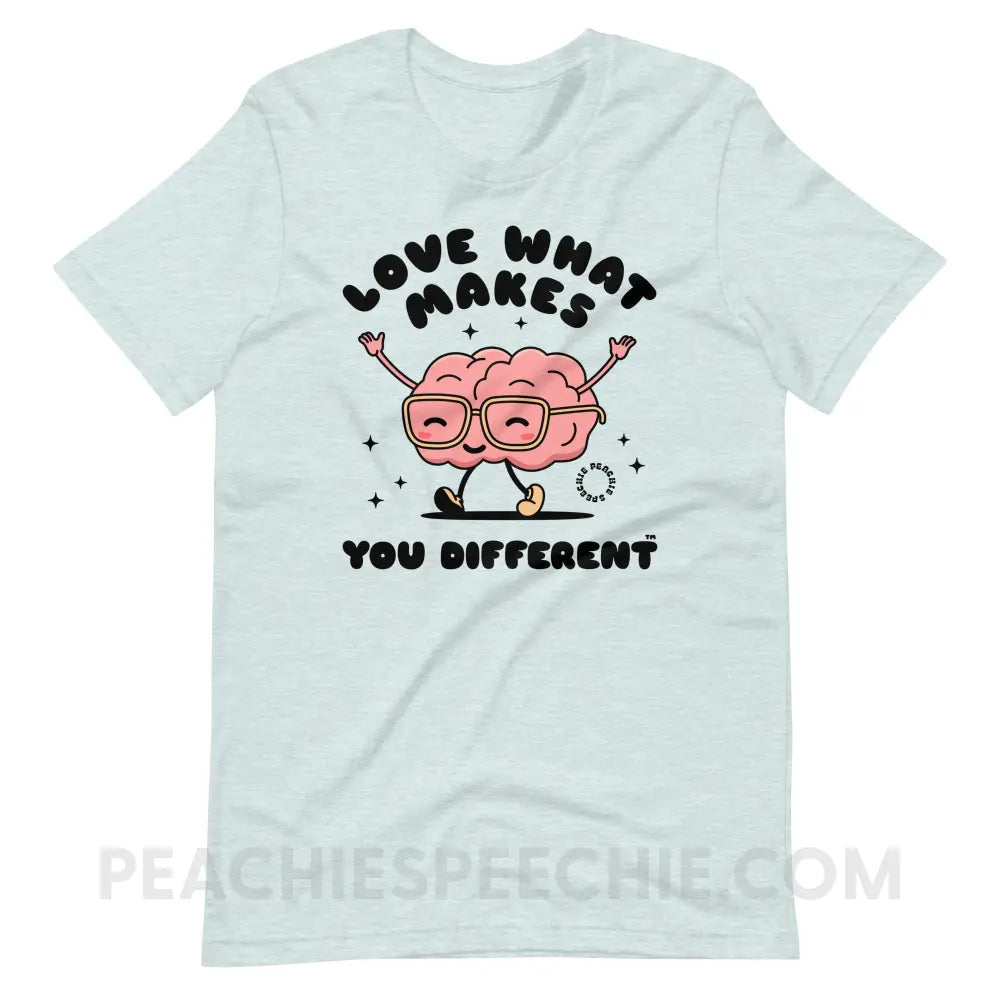 Love What Makes You Different™ Brain Character Premium Soft Tee - Heather Prism Ice Blue / S - T-Shirt peachiespeechie.com