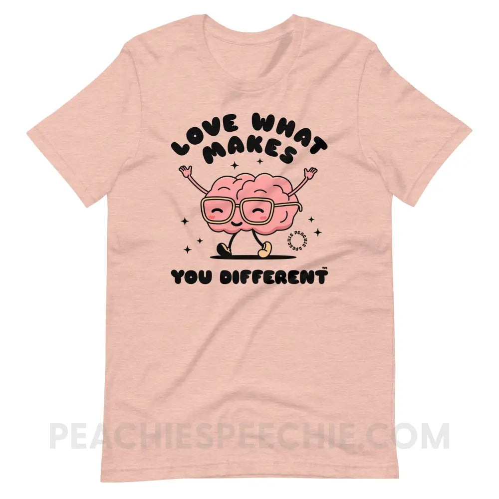 Love What Makes You Different™ Brain Character Premium Soft Tee - Heather Prism Peach / S - T-Shirt peachiespeechie.com