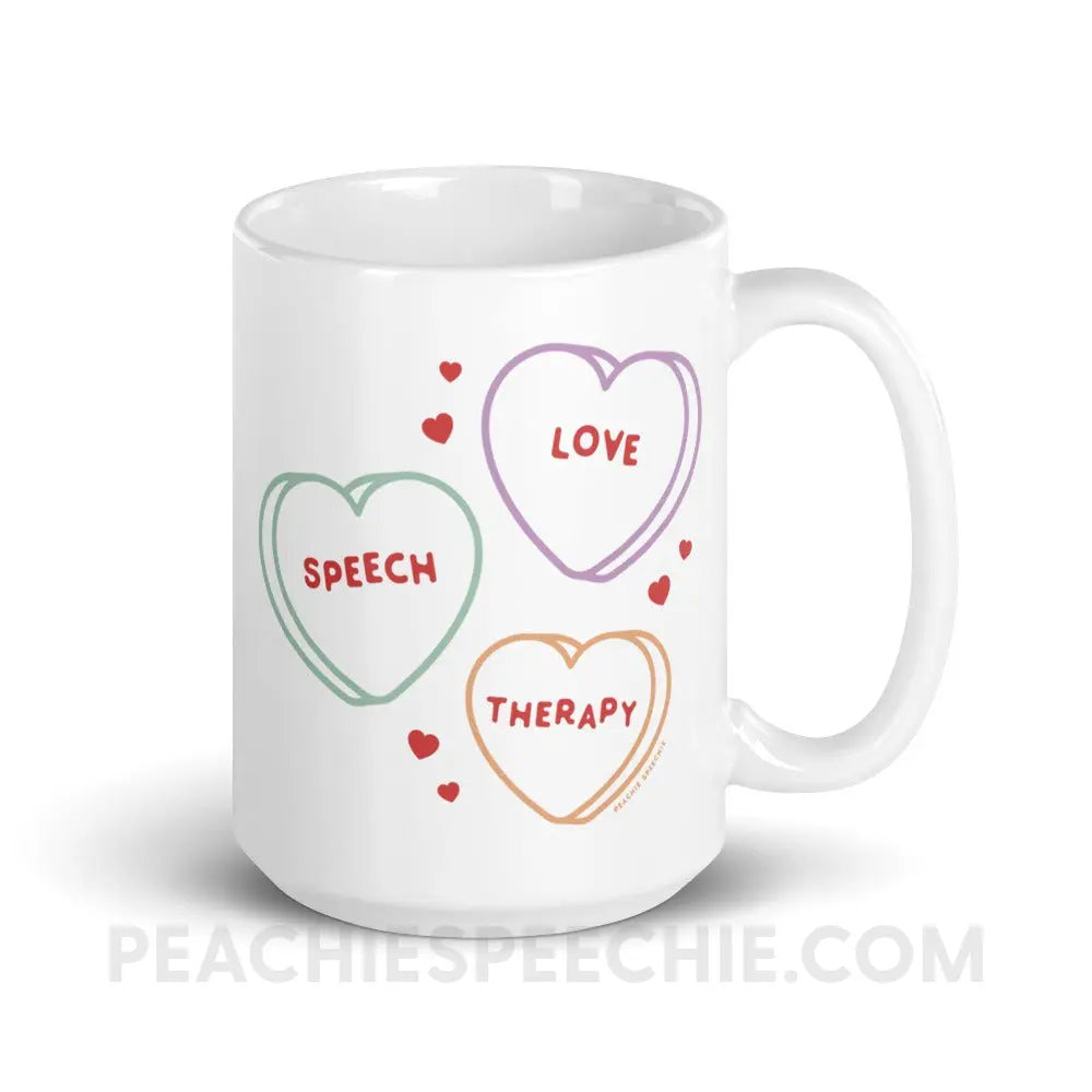 Love Speech Therapy Candy Hearts Coffee Mug - 15oz - peachiespeechie.com