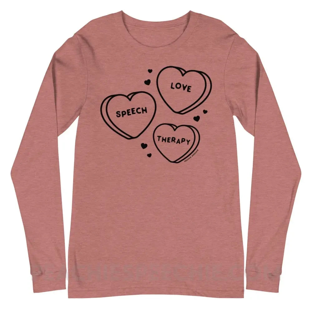 Love Speech Therapy Candy Hearts Premium Long Sleeve - Heather Mauve / XS - peachiespeechie.com