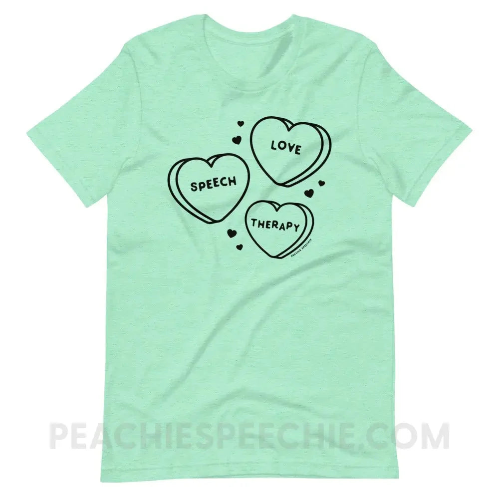 Love Speech Therapy Candy Hearts Premium Soft Tee - Heather Mint / S - peachiespeechie.com