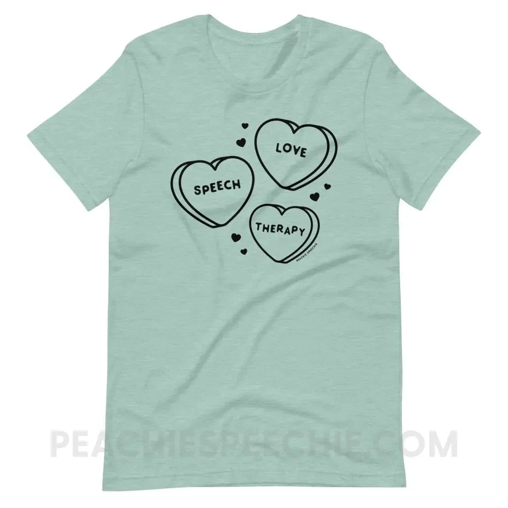 Love Speech Therapy Candy Hearts Premium Soft Tee - Heather Prism Dusty Blue / XS - peachiespeechie.com