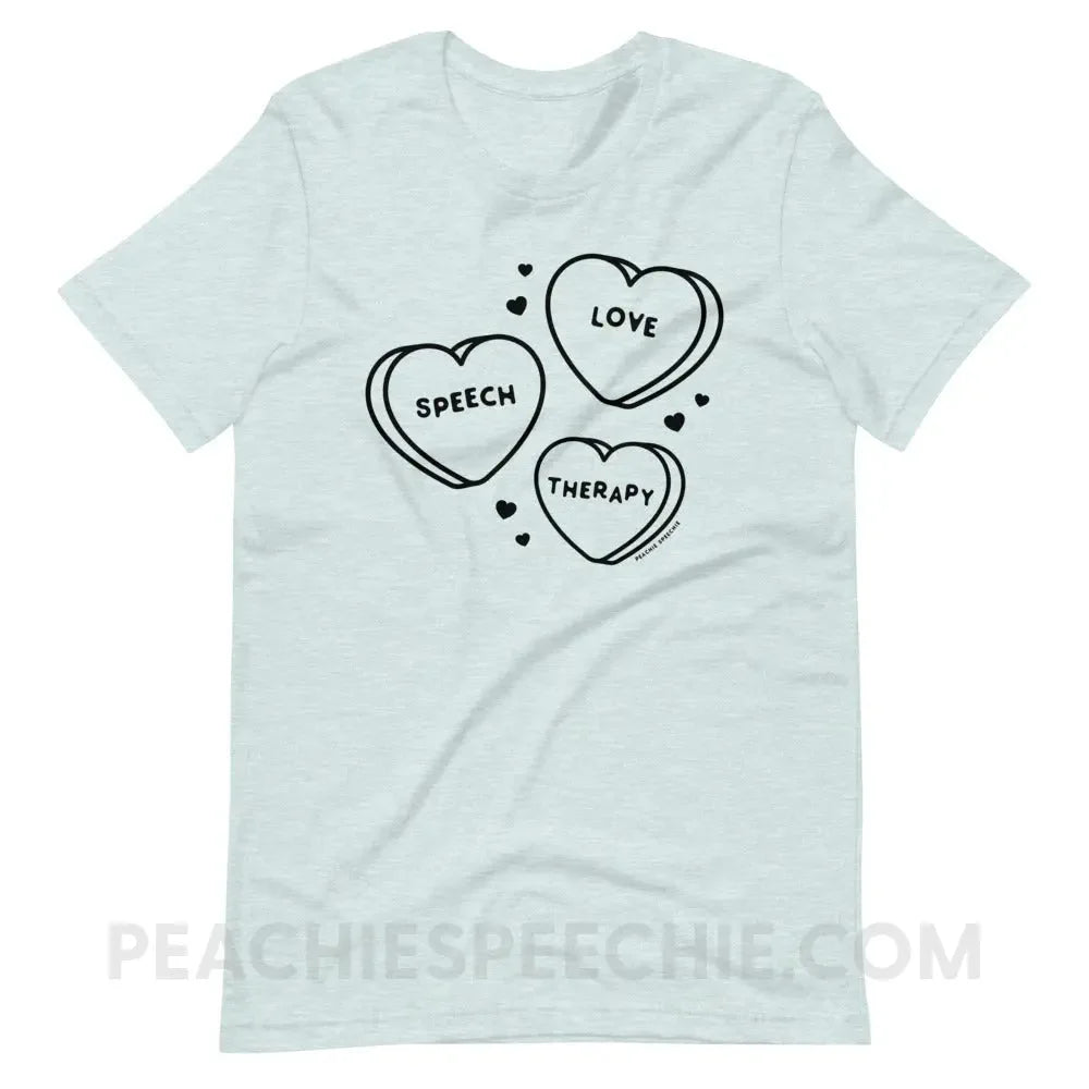 Love Speech Therapy Candy Hearts Premium Soft Tee - Heather Prism Ice Blue / XS - peachiespeechie.com