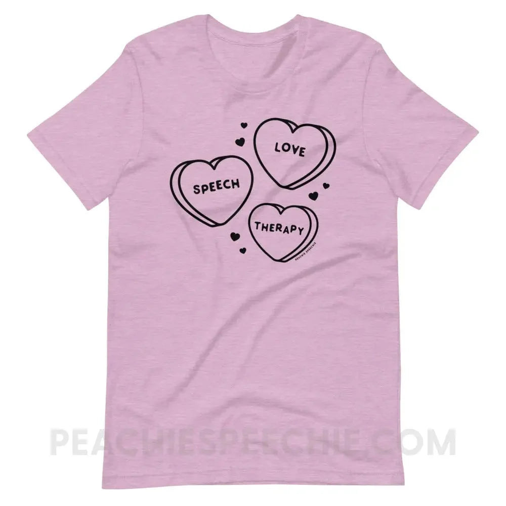 Love Speech Therapy Candy Hearts Premium Soft Tee - Heather Prism Lilac / XS - peachiespeechie.com